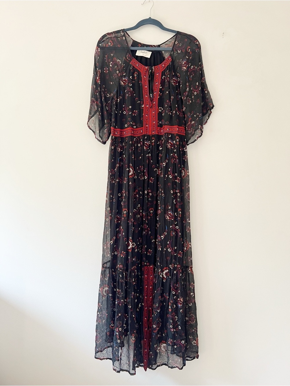 ba&sh floral printed maxi dress semi sheer short sleeve tie neck black red large
